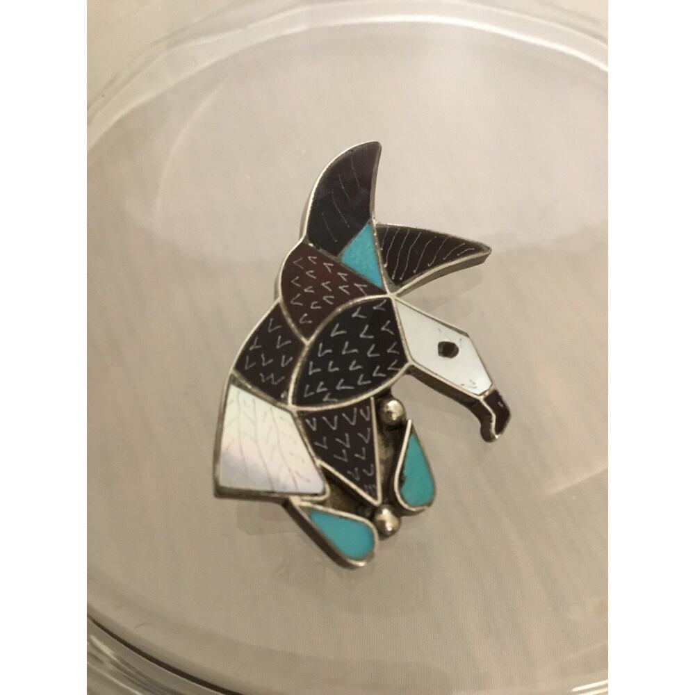 Zuni CD Leekity Sterling/MOP/Pen Shell/Turquoise/Onyx Inlay Eagle Pin/Pendant